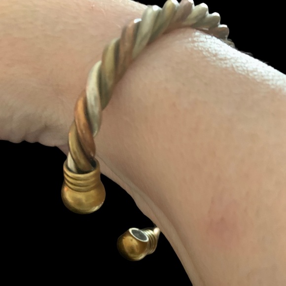 Tri Color Metal Twisted Open End Magnet Mens Cuff Bracelet Copper Brass Silver - Picture 4 of 6
